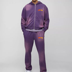 Survêtement zippé en détresse lavé à l'acide sur mesure deux pièces Sunfade Wash Purple Heavyweight Hoodie & Sweatpants Set - Product Image 4