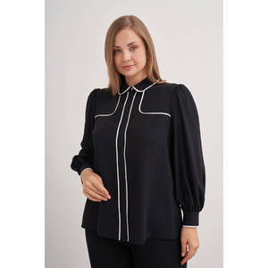 Blusa Vintage de Gasa para Mujer con Ribete en Contraste y Cuello con Lazo - Product Image 4