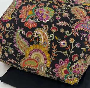 Premium Natural Crepe Elephant Design Fabric Eco-Friendly Breathable Dyed Heavily Embroidered Position Print Material Fashion - Product Image 4