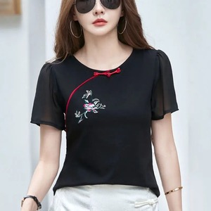 Vêtements pour femmes col rond été pull couleur unie plantes et fleurs brodé nœud T-shirt Style chinois tout match hauts - Product Image 3