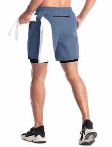 Pantalones cortos 2 en 1 ligeros de secado rápido para hombre, pantalones cortos de entrenamiento atléticos para gimnasio, cintura media, patrón sólido con bolsillos, pantalones cortos para correr teñidos lisos - Product Image 2