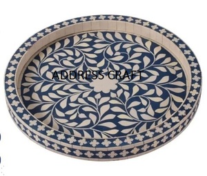 Best Quality Bone Inlay And Resin Round Shape Blue And White Color Floral Design Serving <b>Tray</b> kitchenware <b>Table</b> Decorate Used - Product Image 1