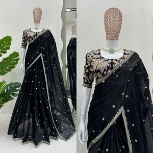 Sari de Satén Fandy con Diseño Exclusivo y Elegante Blusa, Estilo Étnico Moderno, Última Moda India, Ropa de Fiesta Modesta para Mujer - Product Image 4