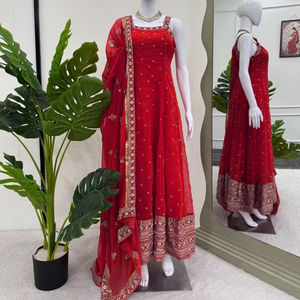 Elegante vestido rojo bordado de Bollywood Chinon tela de seda con Dupatta secuenciado para fiestas de invierno de verano con codificación interna - Product Image 1