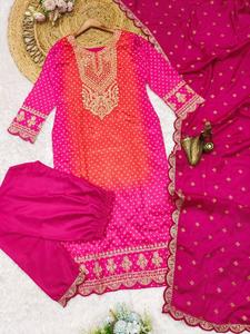Elegante naranja y rosa bordado Salwar Kameez con Dupatta y pantalón conjunto traje para mujeres y niñas a precio asequible - Product Image 2