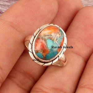 SOCTDSGR8 Fine Copper <b>Turquoise</b> <b>Ring</b> 12x16mm Eternity Vermeil Genuine Silver Factory Jewelry Natural Spiny Oyster Bezel Setting - Product Image 5