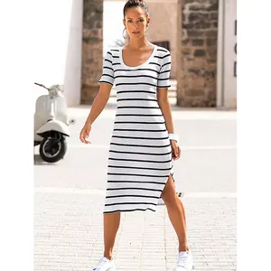 Rundhals ausschnitt und kurze Ärmel T-Shirt-Kleid im maritimen gestreiften Look Damen-T-Shirt-Kleid mit rundem Saum
