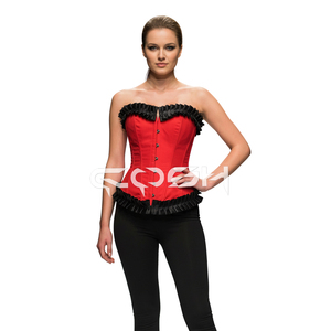 Corsés Góticos Burlescos al por Mayor, Sobre el Busto, con Varillas de Acero, Satén Rojo con Volantes Negros - Product Image 6