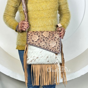 New Wholesale Fashion Women's Hand Tooled Cowhide Leather Fringe Crossbody Shoulder Handbag Luxury <b>Designer</b> Purse for Women's - Product Image 1