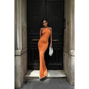 Sandy <b>Satin</b> Maxi Dress with Breathable <b>Halter</b> Neck and Backless Sheath Design Natural Waistline - Product Image 2