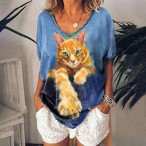 2025 femmes drôle col en v T-Shirt surdimensionné été hauts avec des chats 3D imprimer à la mode tricoté Blouses femme vêtements t-shirts - Product Image 1