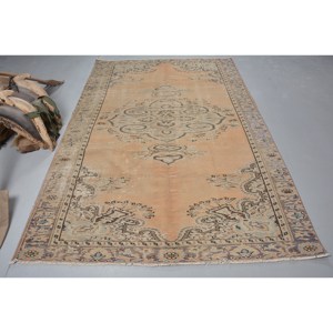 พรมตุรกีสีเบจสีน้ำตาลวินเทจแบบคลาสสิกขน5.6x8.5ฟุตรูปแบบการเย็บปะติดปะต่อกันด้านหลังเป็นรูปสี่เหลี่ยมผืนผ้าสำหรับ5685ข้างเตียง - Product Image 1