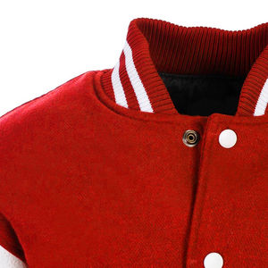 Custom Designed Varsity <b>Jacket</b> in <b>Red</b> and White Wool Body with Leather Sleeves Stand Collar Embroidered Chenille Letters - Product Image 4