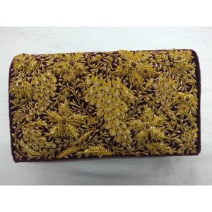 El mejor bolso de mano de lona a la moda para mujer con cremallera superior Zari bordado Semi piedras preciosas Cadena de perlas decoración de cuentas - Product Image 1