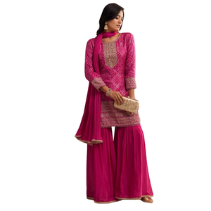 Pink Bandhani Zardosi Sharara Set para venta al por mayor bodas indias nupcial festivo Sangeet ocasiones y celebración cultural OEM - Product Image 1