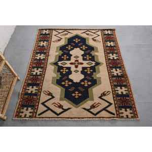 Alfombra de lana geométrica azul beige clásica vintage 4,3 'X 4,9 'Diseño de retazos Rectangular para decoración de dormitorio látex viscosa - Product Image 1