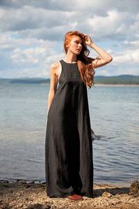 Robe longue en lin pour femmes, manches longues, ourlet droit, robe de plage, couleur unie, décontractée, formelle, ample, vêtements de plage d'été, vente en gros - Product Image 4