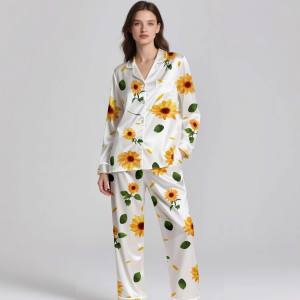 Elegant Digital Printed 100% <b>Silk</b> Satin Breathable 2-Piece Pajama Set <b>for</b> Adults | Premium Summer Sleepwear - Product Image 3