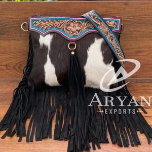 Western Hair on Tooled Leather Crossbody Fringe Bag for Women's Custom Genuine Leather Floral Tassel <b>Purse</b> Cowhide Handbags - Product Image 1