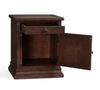 Table de chevet contemporaine en bois massif de chêne indien, avec une porte et un tiroir, finition teck clair