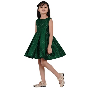 Shoryam Fashion Modern Green Girls Party Dress | Sleeveless Polka Dot Frock with <b>Flared</b> <b>Skirt</b> Kids Casual Party Wear - Product Image 3
