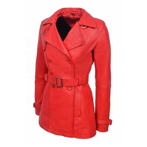 ATLANTIC ODM Gabardina para mujer Premium Cuero rojo Doble botonadura Nuevo estilo clásico Slim Fit Abrigo largo - Product Image 4