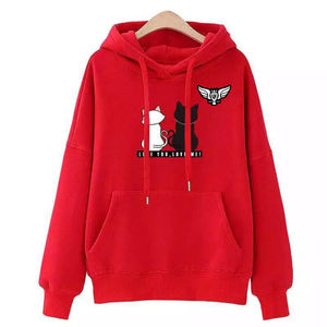 <b>Women</b> <b>Red</b> Graphic <b>Hoodie</b> Sweatshirt Cute Couple Cat Print Hooded Pullover Casual Streetwear Winter Top - Product Image 1