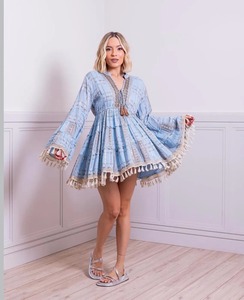 Imprimé floral col rond manches longues devant à lacets taille élastique femmes décontracté rayonne robe bohème robes décontractées robe Maxi - Product Image 2