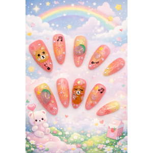 Uñas Postizas con Diseño de Oso Fresa y Melodía, Diseño Lindo con Combinación de Colores Elegante - Product Image 1