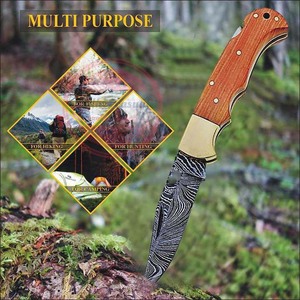 Cuchillo de bolsillo hecho a mano de Damasco, cuchillo de bolsillo plegable para acampar con mango de madera - Product Image 6