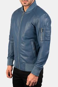 Blouson aviateur en cuir de mouton bleu de haute qualité pour hommes, style formel d'hiver avec décoration de boutons, toile fine - Product Image 3