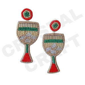 Christmas wine glass Beaded <b>Earrings</b> for Women Patriotic Memorial Day Orange White Blue Colour Fabric Material - Product Image 1