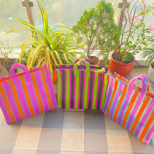 Bolsa de compras de nailon reutilizable ecológica RPET con cremallera a rayas Handloom tejido plástico reciclado bolsas de playa Logotipo de moda cosmético - Product Image 1