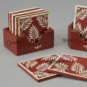 Proveedor indio ofrece posavasos con incrustaciones de hueso marrón y blanco hechos a mano con soporte posavasos con patrón floral - Product Image 3
