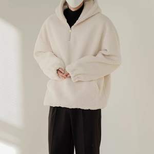 Sudadera con capucha de lana Polar para parejas gruesas de peso pesado, chaqueta con capucha retro versátil informal con hombros caídos y media cremallera para hombre - Product Image 4