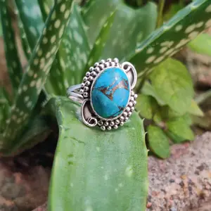 Minimalist Personalized Natural Blue Copper Turquoise Oval Gemstone 925 Sterling Oval Gemstone Semiprecious Silver Ring