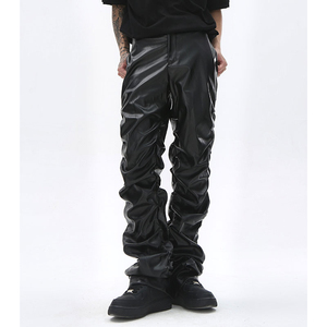 OEM Custom logo Hip Hop Custom Pockets Shiny <b>Punk</b> Faux Pu Leather Stacked Pants Men Streetwear Stacked Flare Faux Leather Pants - Product Image 1