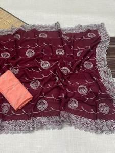 Rutina diaria personalizada impresa elegante corte borde trabajo pura Chinon seda tela larga longitud predrapeado Saree con pieza de blusa - Product Image 3