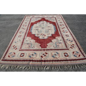 Alfombra Kilim turca Vintage rojo Beige 7,1X9,7 pies látex de lana hecho a mano para dormitorio Patchwork rectángulo diseño abstracto alfombra de yute - Product Image 1