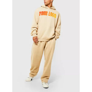 Custom <b>Men's</b> 100% Cotton Baggy Sweatpants and Hoodie Track Suits Set <b>Jogger</b> with Hood Logo on Collar for Sale - Product Image 4