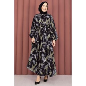 Women's Patterned Black Scarf Collar Hijab Dress Chiffon Fabric with Natural Waistline A-Line Silhouette - Product Image 5
