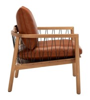 Fauteuil lounge moderne en teck finition naturelle avec coussin en cuir PU et corde tressée pour salon, appartement, hôtel, extérieur, villa