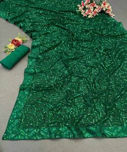 DESIGNER GEORGETTE BORDADO Y SECUENCIA TRABAJO SAREE CON BLUSA SIN TITCHED PARTY WEAR AL POR MAYOR ETHNICGARMENT GREEN - Product Image 2