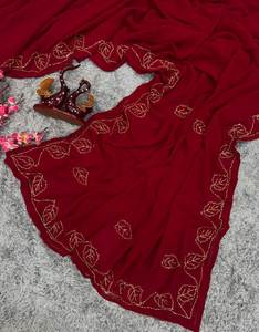 Hermosa Katdan trabajo a mano Color rojo brillante diario y fiesta de oficina especial suave Georgette tela elegante Saree con blusa para la venta - Product Image 3