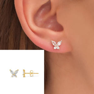 Magnifiques boucles d'oreilles en or pur 14 carats ou en argent, design papillon miniature, diamant de laboratoire, cadeau pour les filles, à porter tous les jours ou pour les fêtes - Product Image 6