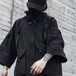 Veste en toile technique noire punk pour homme, automne, logo personnalisé, fermeture éclair à boucle, streetwear, multi-poches, à capuche, séchage rapide, col montant - Product Image 4