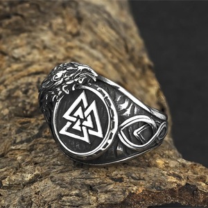 yunnique Viking-inspired Men's <b>Titanium</b> Steel <b>Ring</b> with Raven Edge & Triangle Logo Design - Product Image 4
