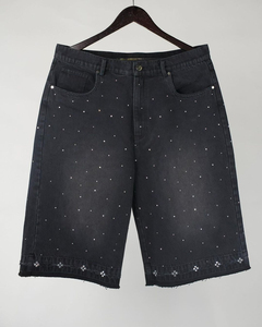 Custom Vintage Acid Wash Solid Rhinestone Casual Straight Leg Baggy Men Denim 100% Cotton Quick Dry <b>Mid</b> Waist Black Shorts - Product Image 3