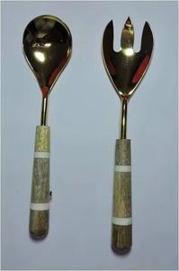 Barra de ensalada pulida con espejo dorado, cuchara para servir, servidores de ensalada decorativos de metal con mango de resina marrón amarillento, juego para servir ensalada - Product Image 4