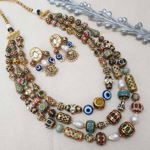 Collar de cuentas Jadau multicapa con pendientes, conjunto de joyería de cobre fino Vintage de lujo chapado en oro para regalo - Product Image 3